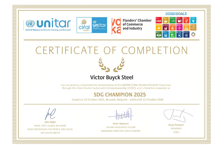Victor Buyck Steel Construction SDG Champion Certificaat